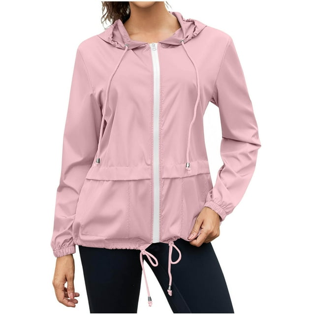 Dagegui Veste de Pluie Extérieure pour Femmes Imperméable Légère Manteau de Pluie à Capuche avec Poches Rose m