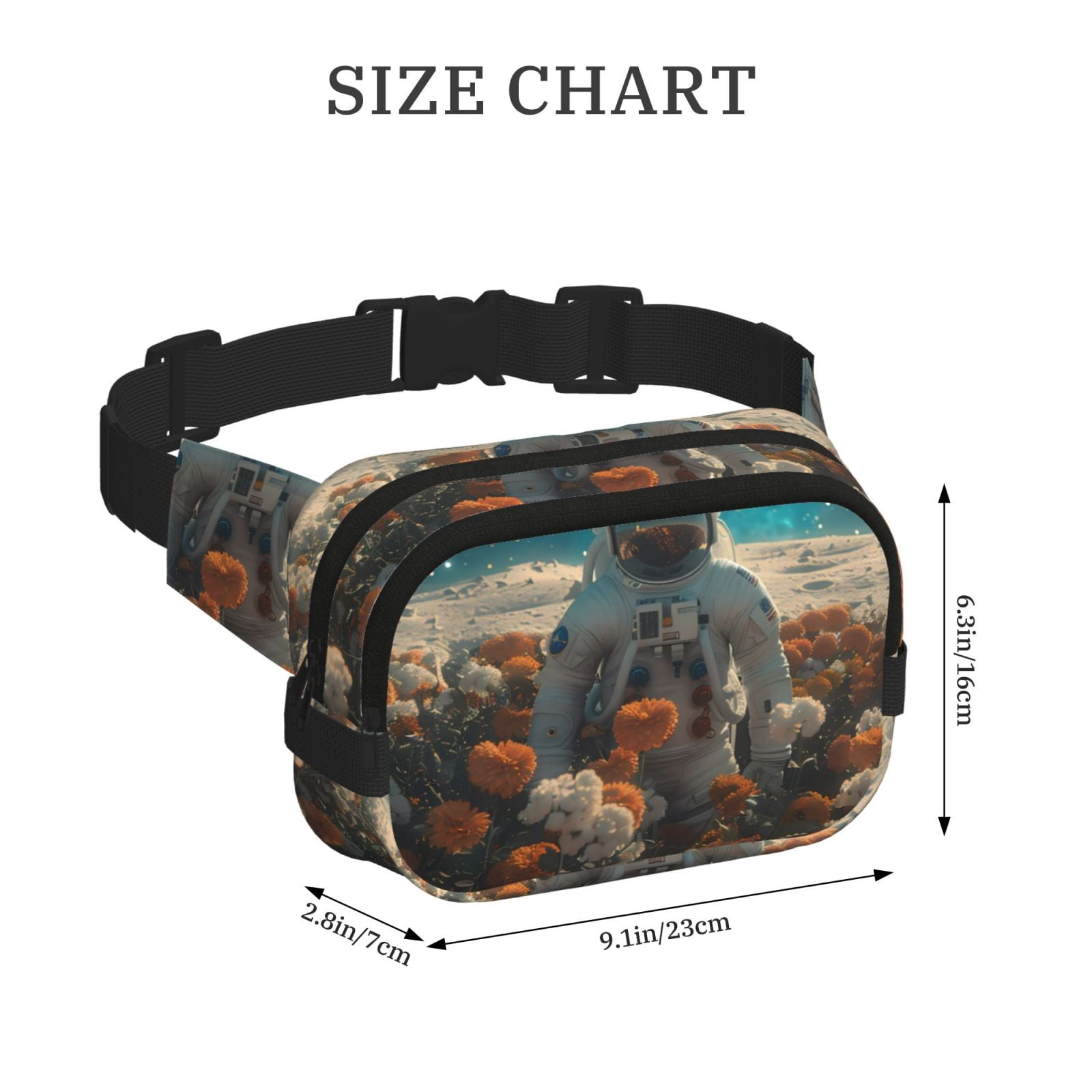 Picia Astronaut Flower Field Print Square Double-Layer Waist Bag Mini Adjustable Waist Belt Bag Exercise Running Travel Hiking