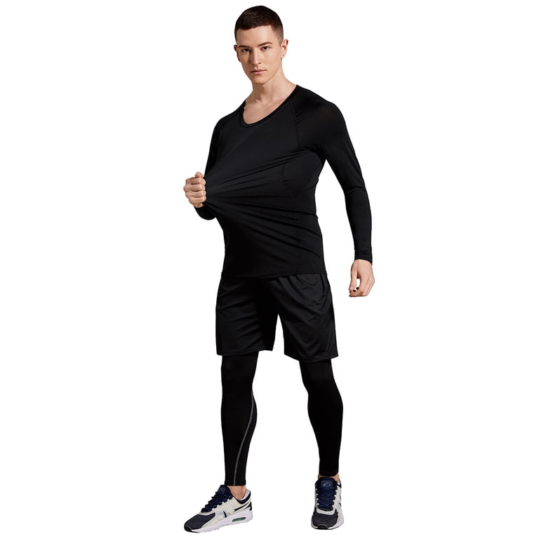 BUYJYA 5-Piece Men's Compression Workout Set - Long Sleeve, Shorts & Tights, Blue-Grey, X-Large