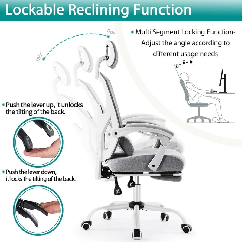 Kelno Ergonomic Office Chair High Back Reclining Swivel Desk Chair Retractable Footrest, Grey