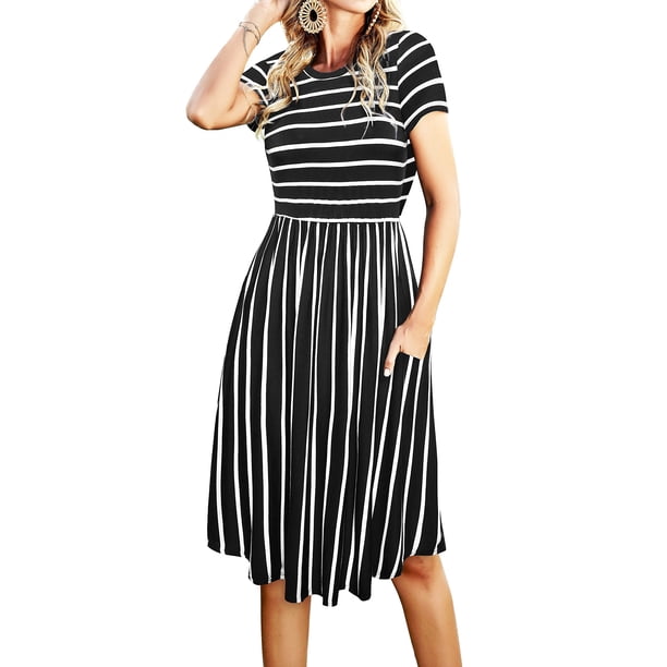 Vestido de primavera para mujer, manga corta, bolsillo, modesto, casual, a media rodilla, a rayas, negro, S
