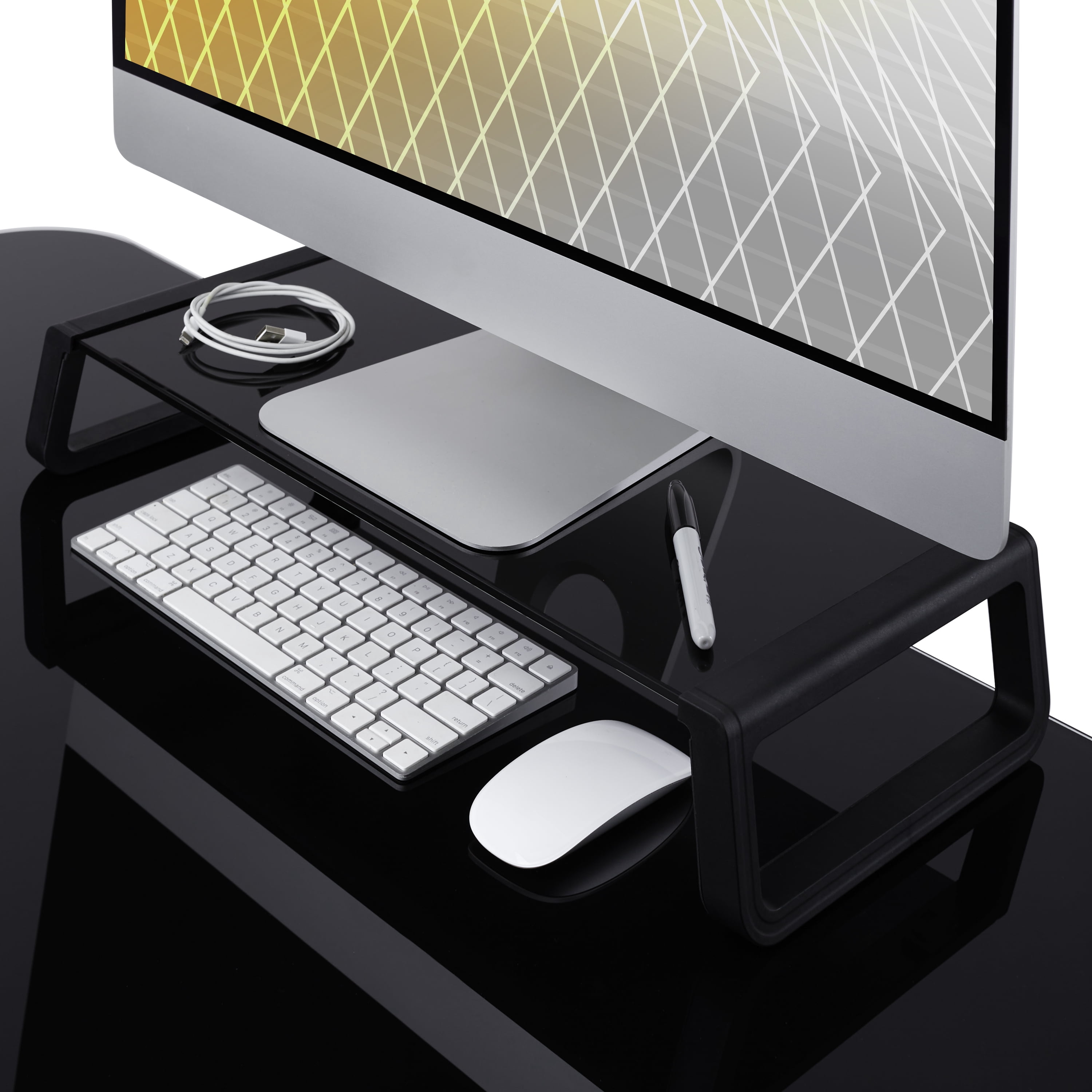 Seville Classics airLIFT 21" Tempered Glass Elevated Desk Stand Ergonomic Monitor Riser for Laptop, Computer, iMac, PC, Printer, Desktop - Midnight Black