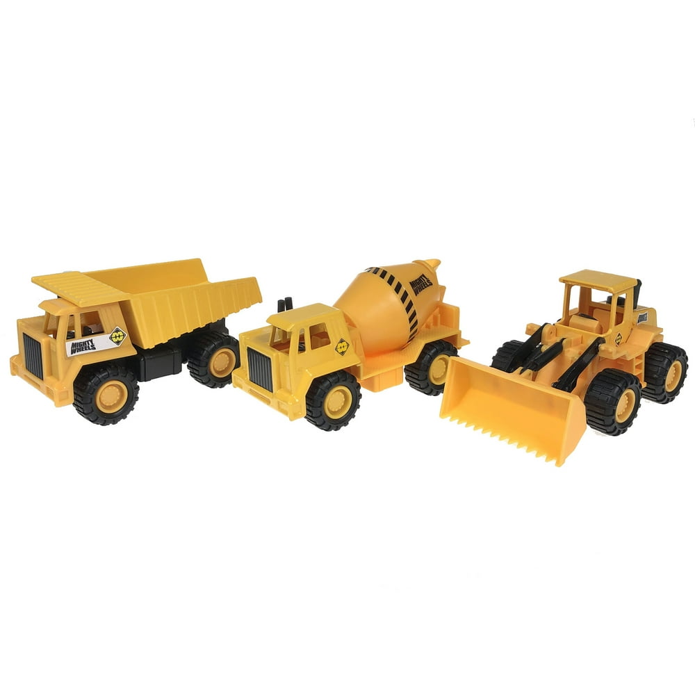 Mighty Wheels 3-Piece Toy Construction Vehicle Set Front Loader, Dump Truck & Cement Mixer