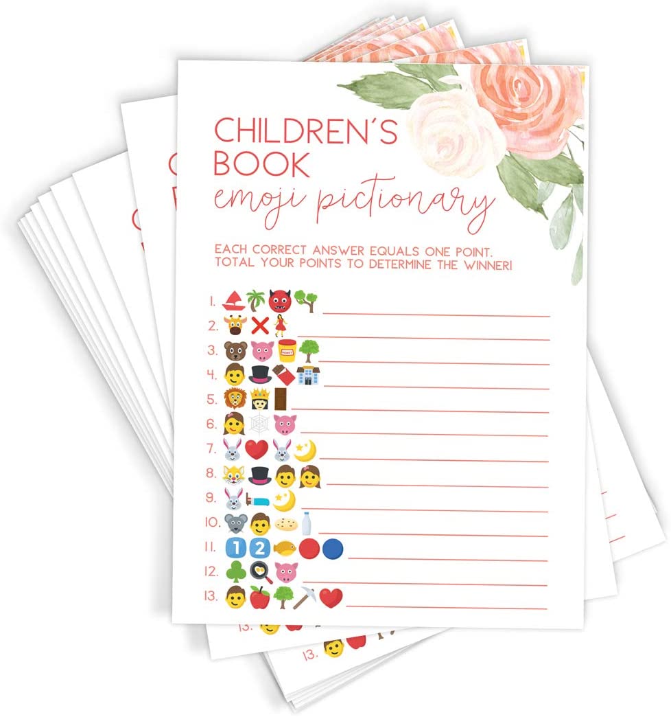 Emoji Baby Pictionary, Set of 50 Cards, Floral Baby Shower Game and ...