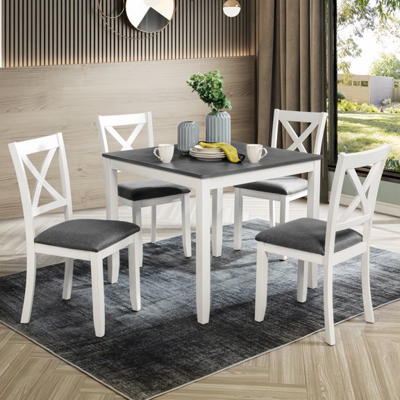 Atumcto Set of 4 Upholstered Kitchen Chairs, Wooden Dining Chairs with Cushioned Seat, Modern Gray White
