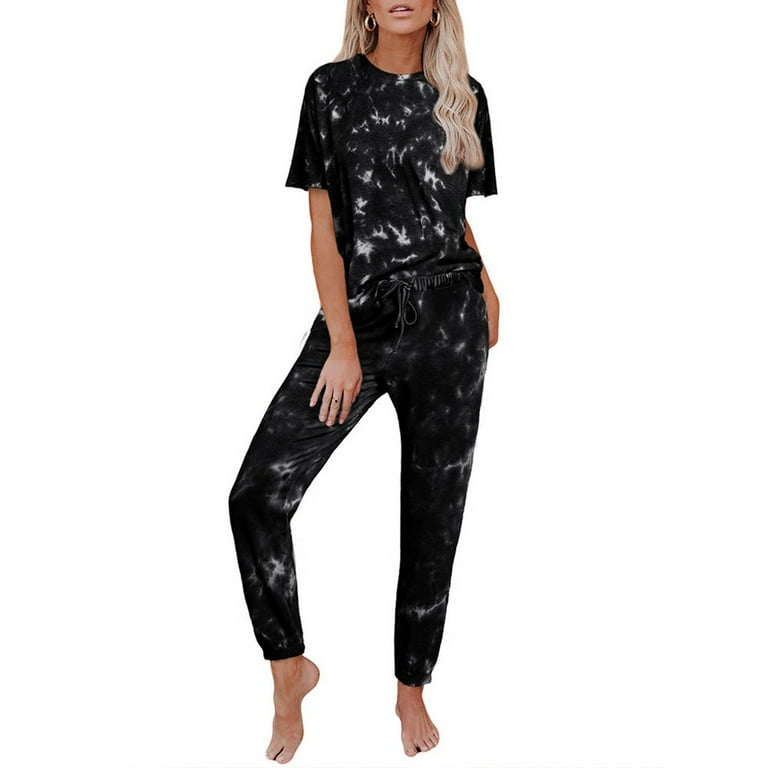 JDEFEG Two Piece Suits Women 2Women Tie Dye Sweatsuit Set Short Sleeve Top Drawstring Sweatpants Sets Overall Pants for Women Polyester Black Xxxl Walmart