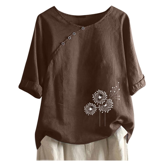 Blusas de Manga Corta para las Mujeres Impresas Cuello Redondo Camiseta Casual, Blusa de Algodón de Imitación para las Mujeres