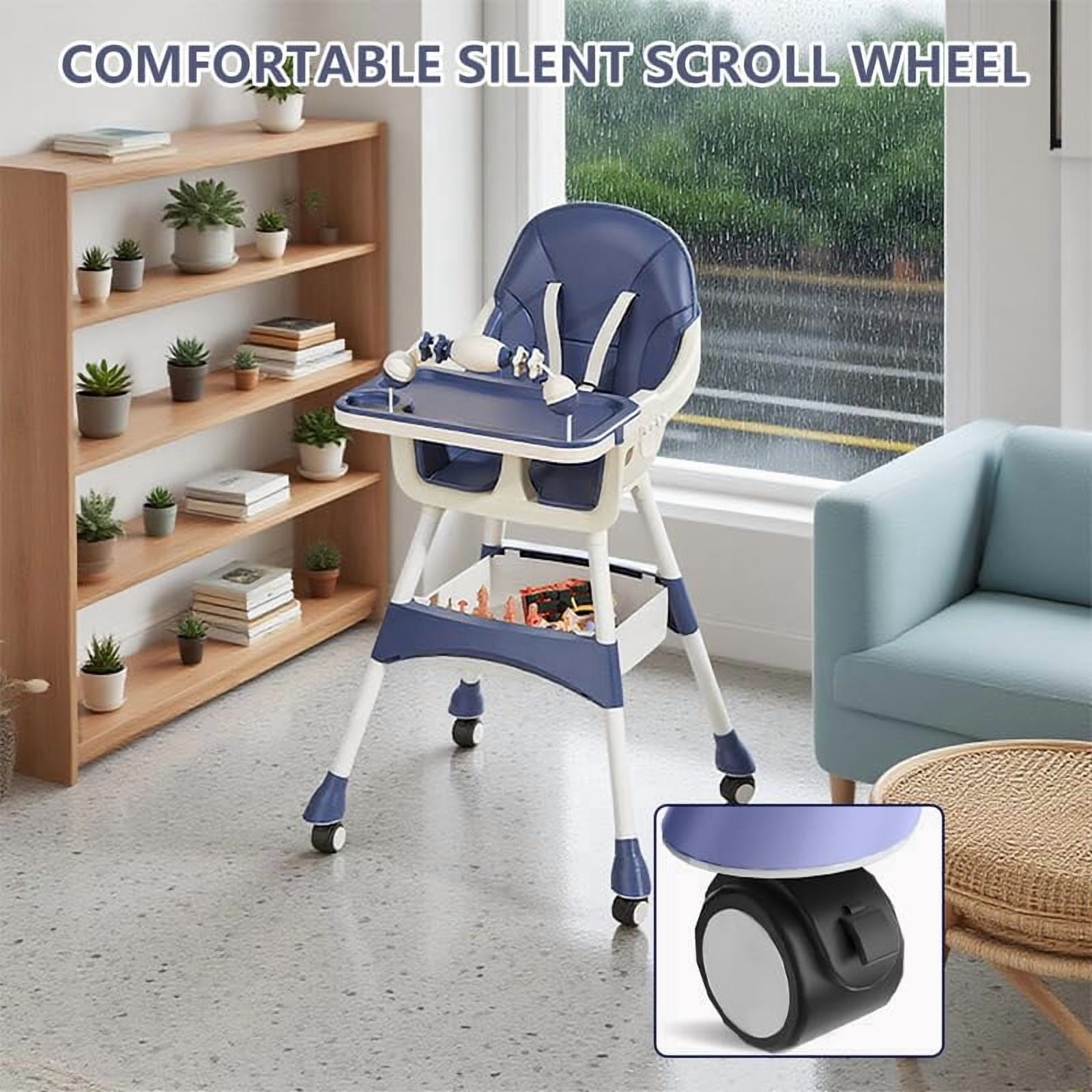 Portable Baby High Chair for Babies & Toddlers, Multi-Use Easy-Clean Feeding Chair with Lockable Wheels and Toy Storage Basket, Blue