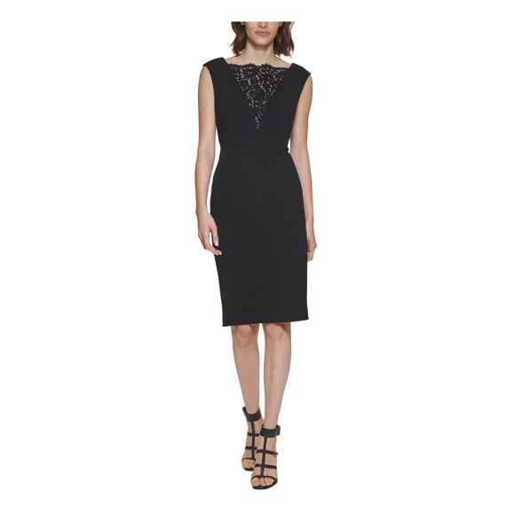 CALVIN KLEIN Womens Black Stretch Lace V Back Sleeveless Boat Neck Knee Length Cocktail Sheath Dress Petites 10P