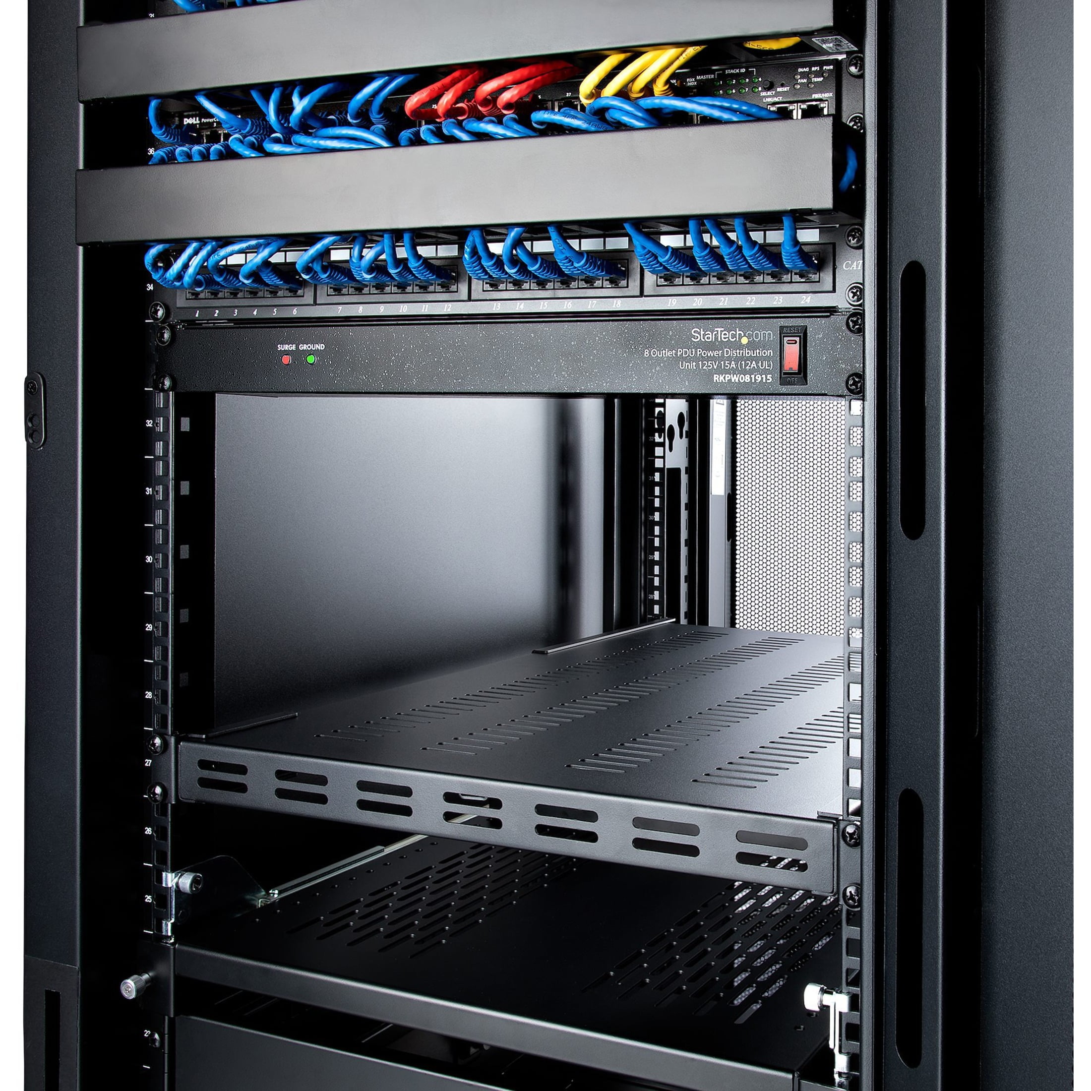 StarTech.com 1U Adjustable Vented Server Rack Mount Shelf - 175lbs - 19.5  to 38in Adjustable Mounting Depth Universal Tray for 19 AV/ Network
