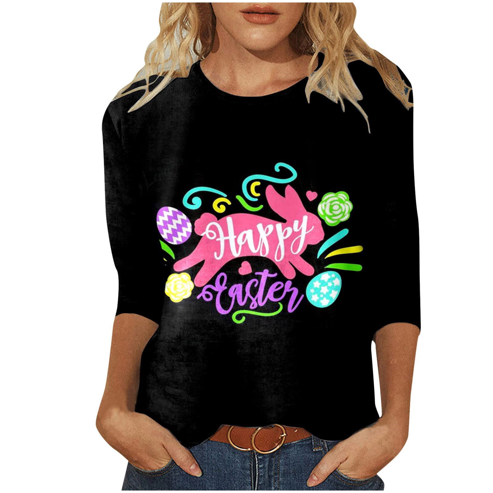 ZQGJB Womens Tops Dressy Casual 2023 Cute Bunny Graphic 3/4 Sleeve Summer T  Shirts Happy Holiday Tees Shirt Trendy Basic Comfy Tunic Blouse Black L -  Walmart.com