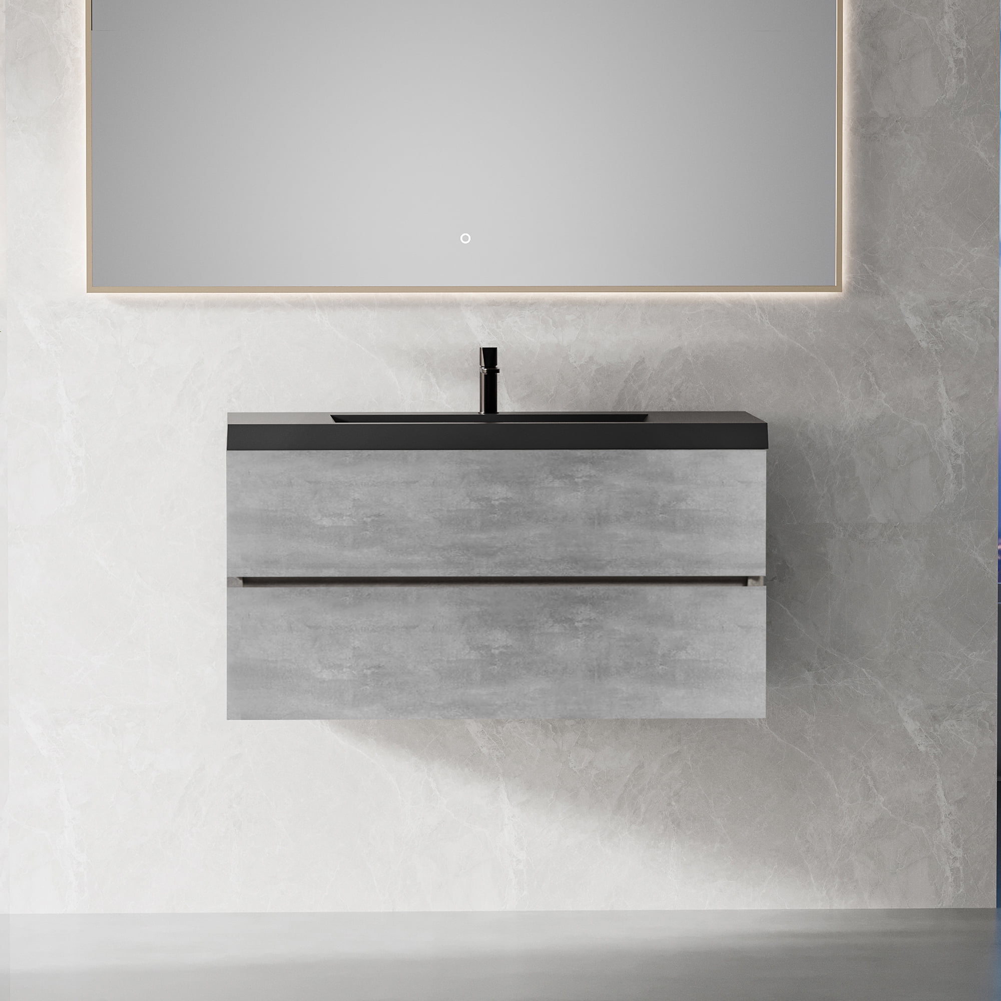 Demi Bonn 41" Floating Bathroom Vanity with Sink, Black Quartz Sand Top Basin and 2 Soft Close Drawers, Faucets and Drains Not Included, Gray