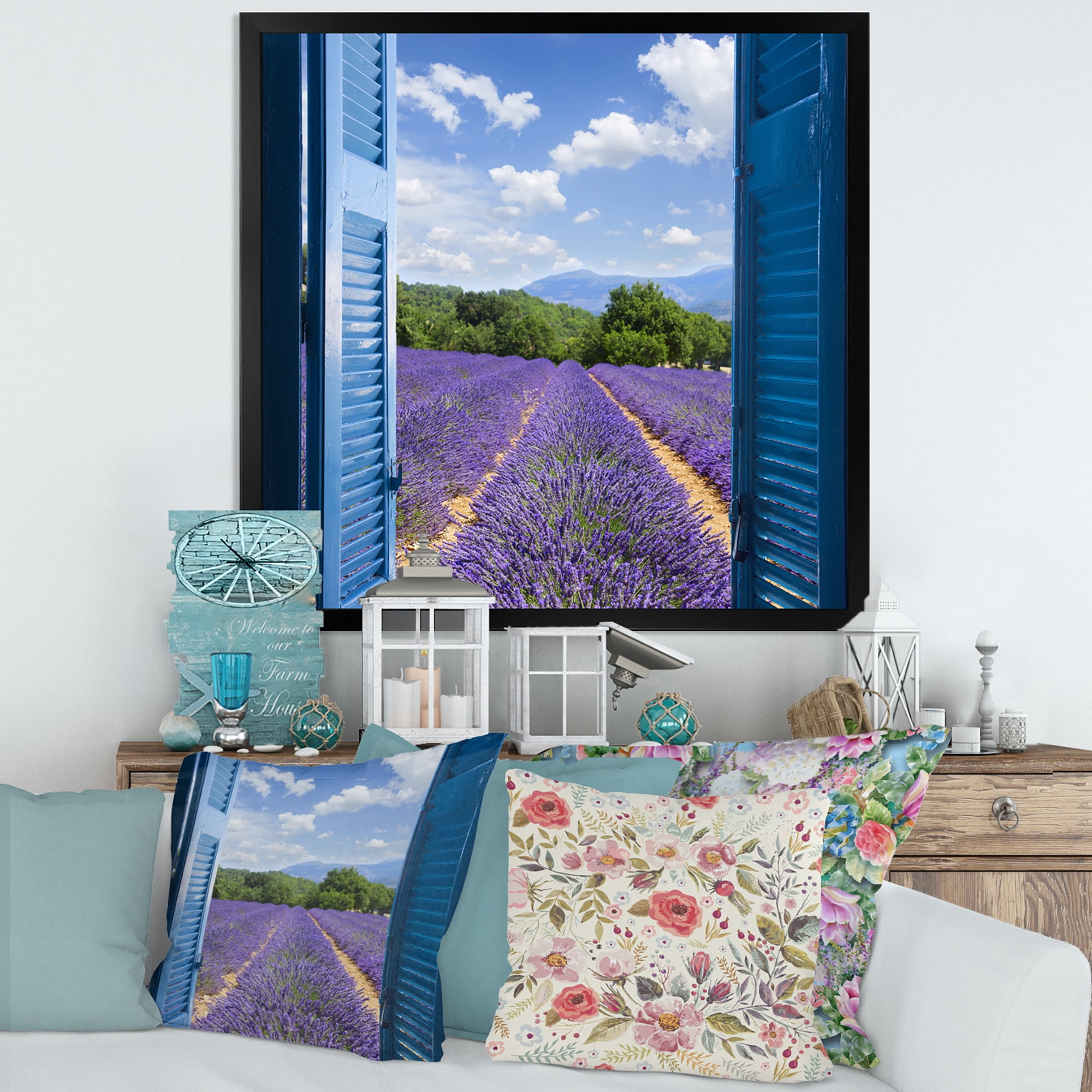 Designart 'View of Lavender Field Through Blue Open Cottage Window' Farmhouse Framed Art Print