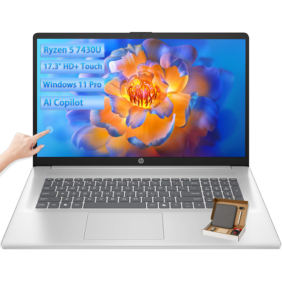 HP 17 Laptop Computer for Business, 17.3" 250 nits Touchscreen Display, AMD Ryzen 5 7430U(UP to 4.3GHz), Backlit Keyboard, 16GB RAM 512GB SSD, AI Copilot, Windows 11 Pro, Silver