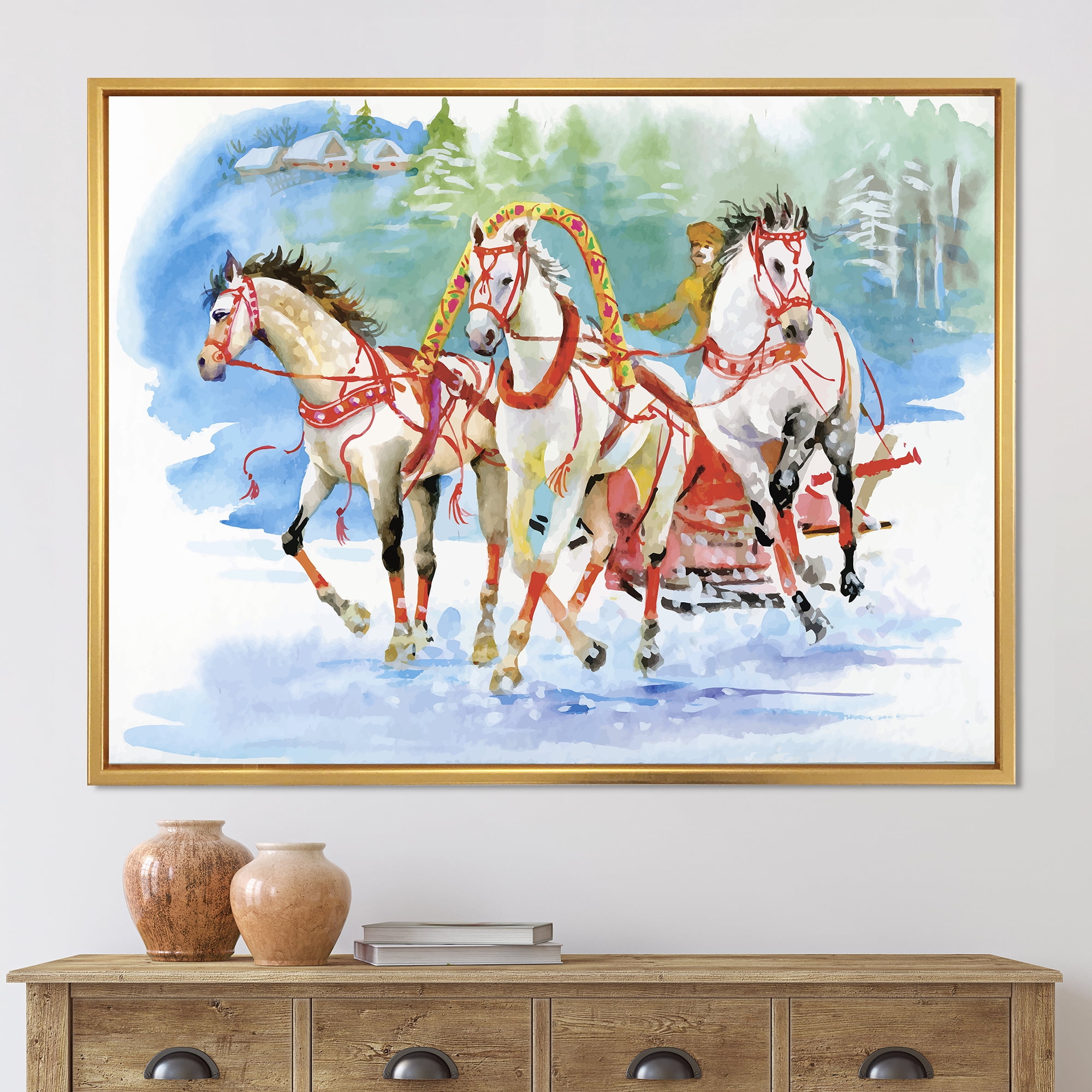 Designart 'Carriage In The Snow With Galoping Horses' Farmhouse Framed Canvas Wall Art Print