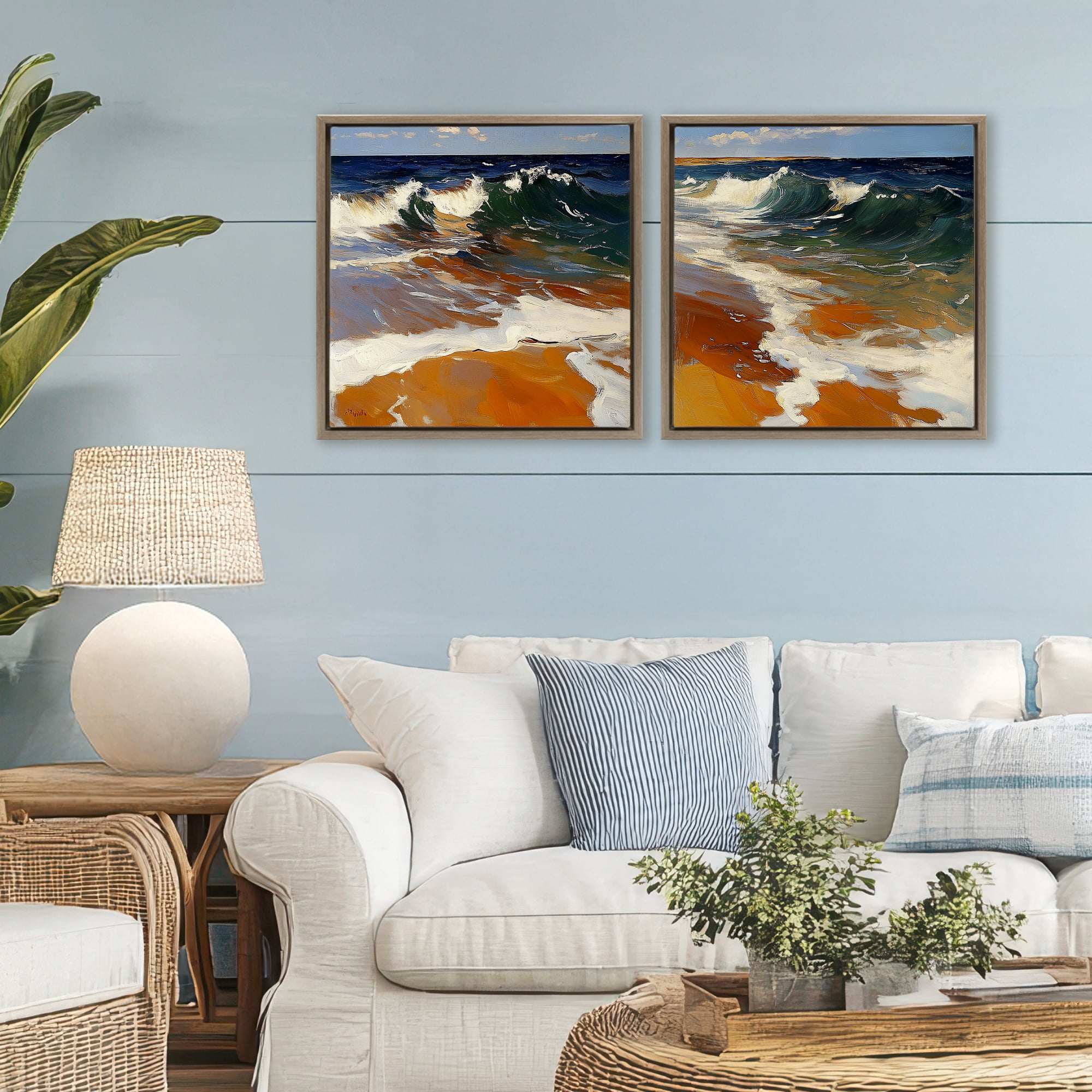 Stupell Industries Glassy Coastal Break 2 Piece Brown Framed Floater Canvas Set, design by Walker Noble
