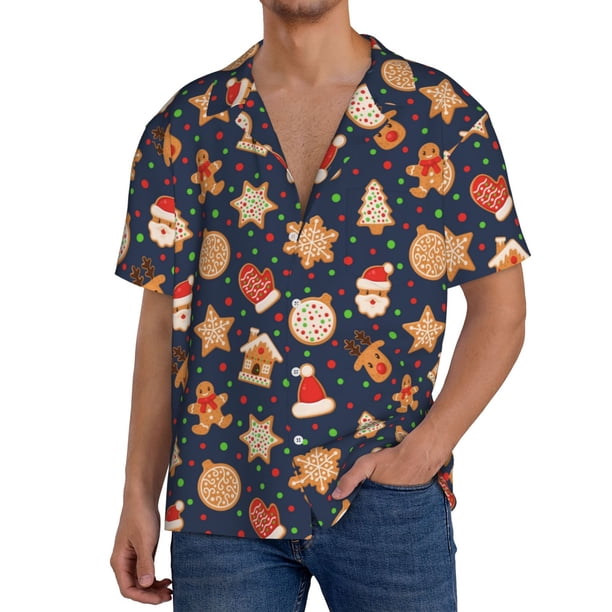 Balery Holiday Gingerbreads Camisa Casual de Manga Corta con Botones para Hombre, Texturizada, Estilo Cubano, para Playa, Verano-3X-Large