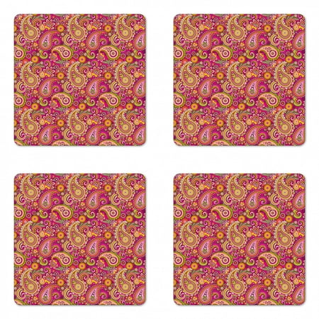 

Paisley Coaster Set of 4 Vivid Design with Flowers Dots Leaves and Ornamental Patterns Artwork Print Square Hardboard Gloss Coasters Standard Size Multicolor by Ambesonne