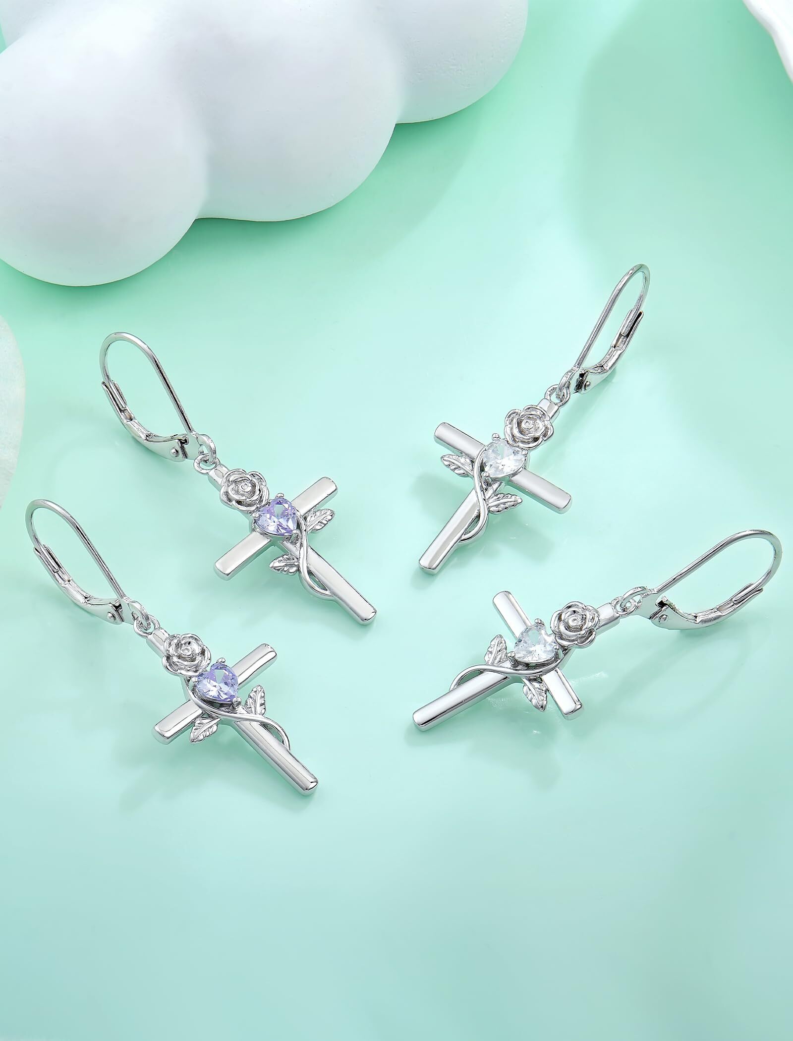 VESITIM Cross Earrings for Women Rose Flower Earring 925 Sterling Silver Dangle Drop Religious Jewelry Gift with Heart Cubic Zirconia Birthstones