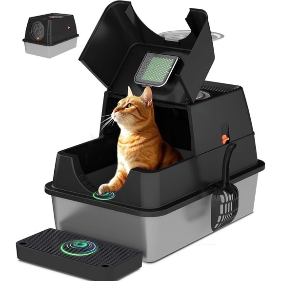 Stainless Steel Litter Box with Lid,Front Entry Top Exit Kitty LitterBox,Extra Large Enclosed Metal Cat Box with Litter Scoop & Litter Mat-Black