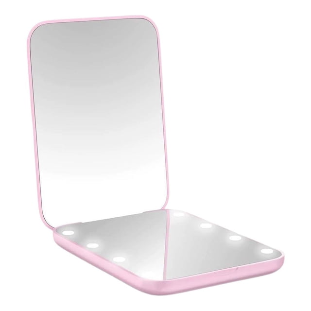 Portable USB Rechargeable LED Makeup Mirror, Folding Travel Compact with 3-Color Dimmable Touch Control & Double-Sided Magnification, Black/White/Pink