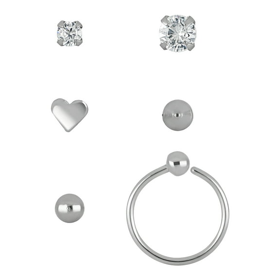 Adult Women's Body Jewelry 22-Gauge Multi Shape Nose Piercing Stainless Steel & Crystal 6 Pack