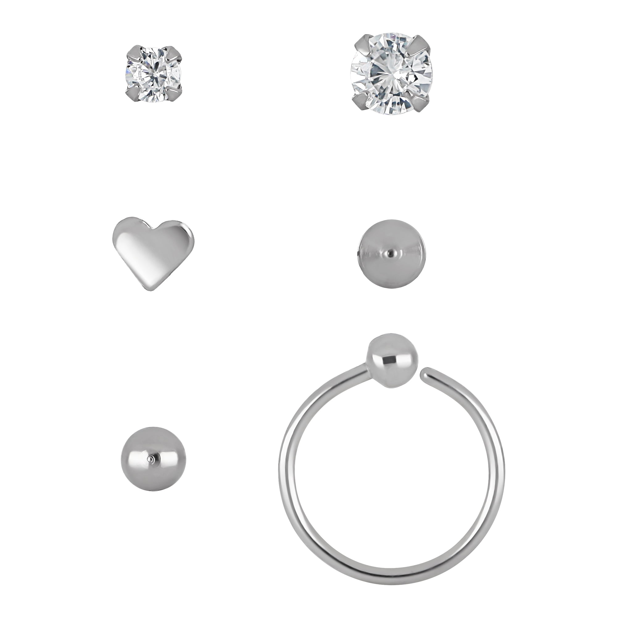 Adult Women's 22-Gauge Stainless Steel & Crystal Multi Shape Nose Piercing Jewelry 6 Pack