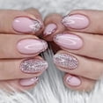 thumbnail image 2 of 24 piezas de uñas postizas cortas con punta francesa y forma de almendra, uñas postizas con purpurina rosa brillante y pegatinas de pegamento, uñas acrílicas ovaladas de cobertura completa con, 2 of 5