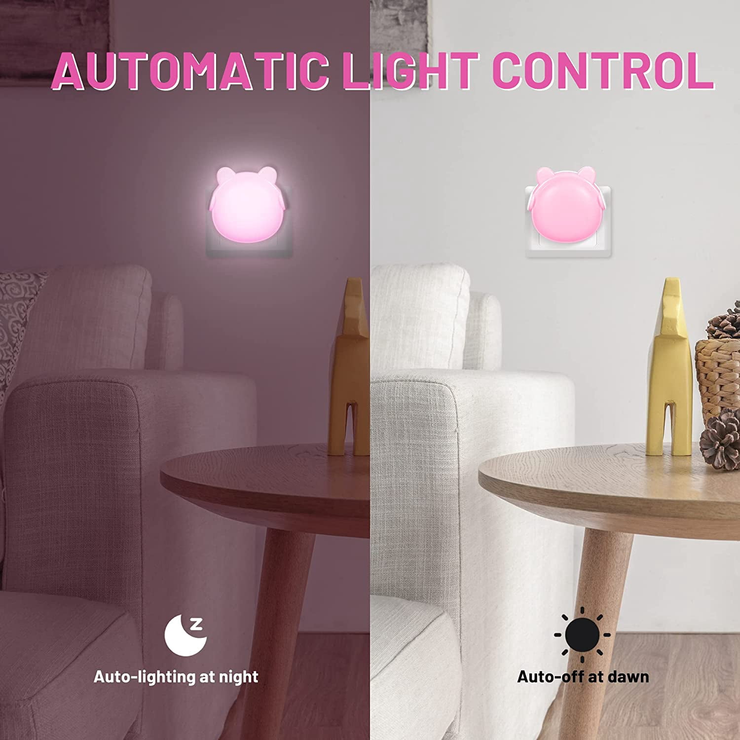2Pcs Children's Night Light, Baby Room Night Lamp, Automatic Orientation Light, Children's Bear Night Lamp for Children's Room, Bedroom, Kitchen, Bathroom (Pink)