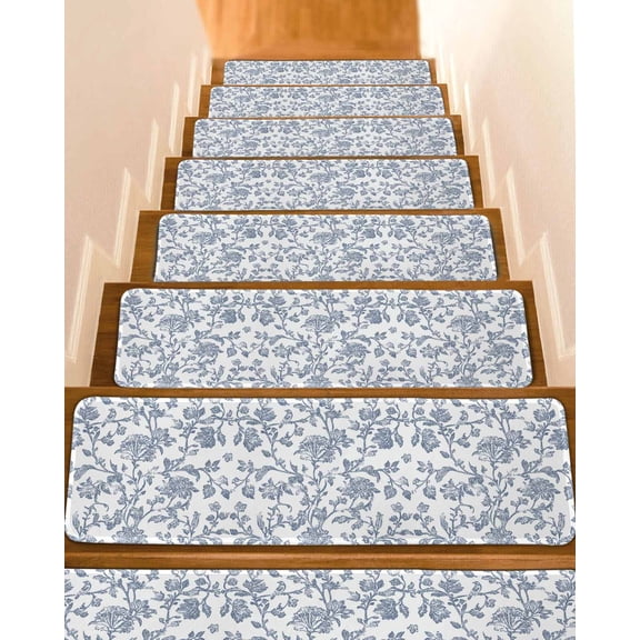 Blue Flower Stair Treads for Wooden Steps Indoor Runner Rug Carpet, Vintage Farmhouse Boho Leaf Spring Summer 7 Pieces Peel and Stick Staircase Step Treads Covers Washable Throw Door Mats, 30"x8"
