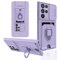 Heavy Duty Case for Samsung Galaxy S23 Ultra, Camera Lens Sliding Soft Silicone Shockproof Protective Cover with Card Holder Kickstand Rotated Ring Magnetic Car Mount Soft Lining Case,Purple