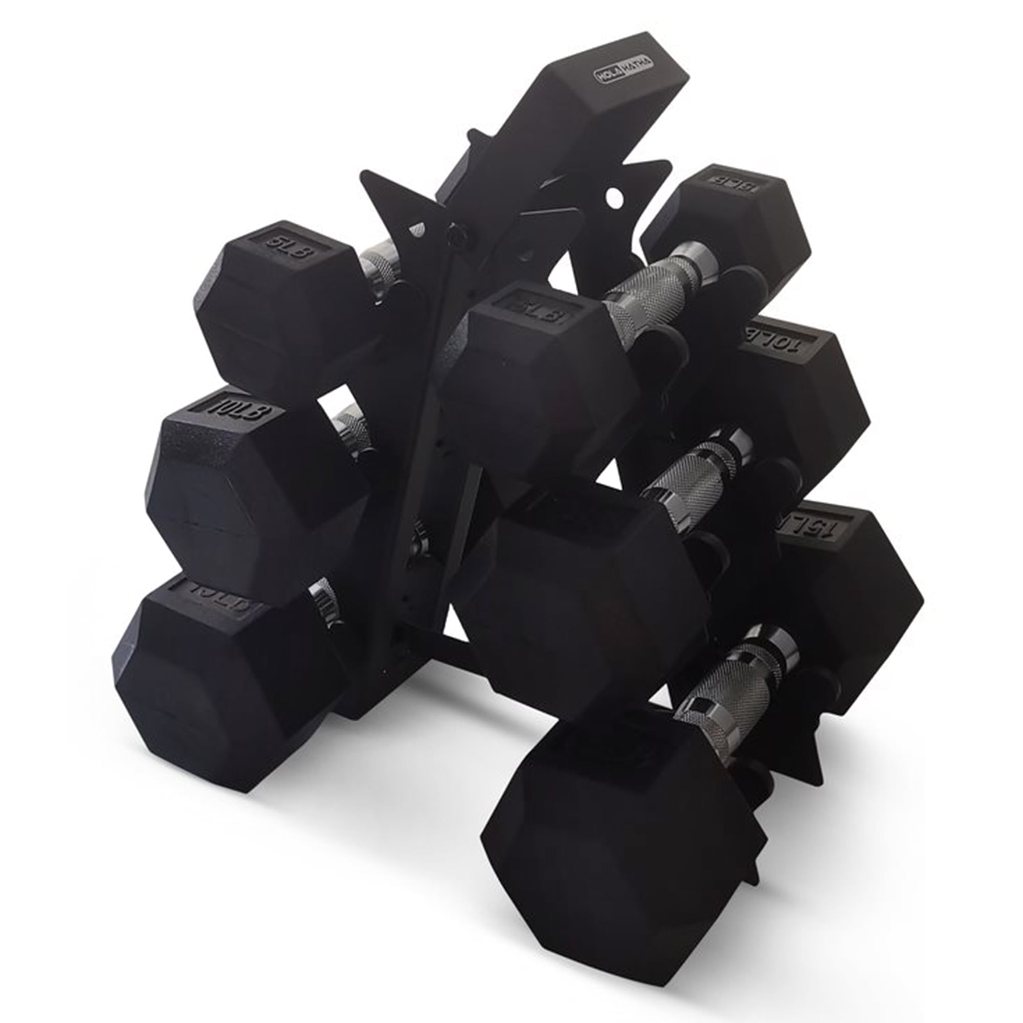Open Box HolaHatha Hexagonal Dumbbell Weight Set w/Rack, 5, 10, & 15 Lbs