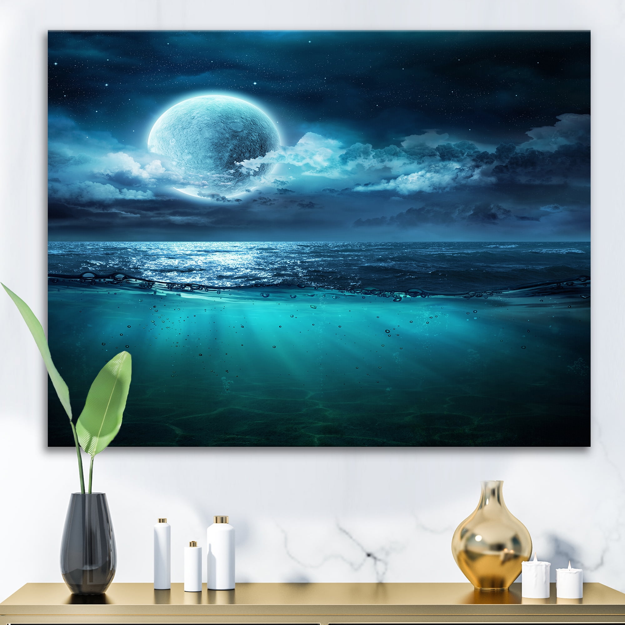 Romantic Moon and Clouds Over Deep Blue Sea II 8 in x 12 in Photography Canvas Art Print, by Designart