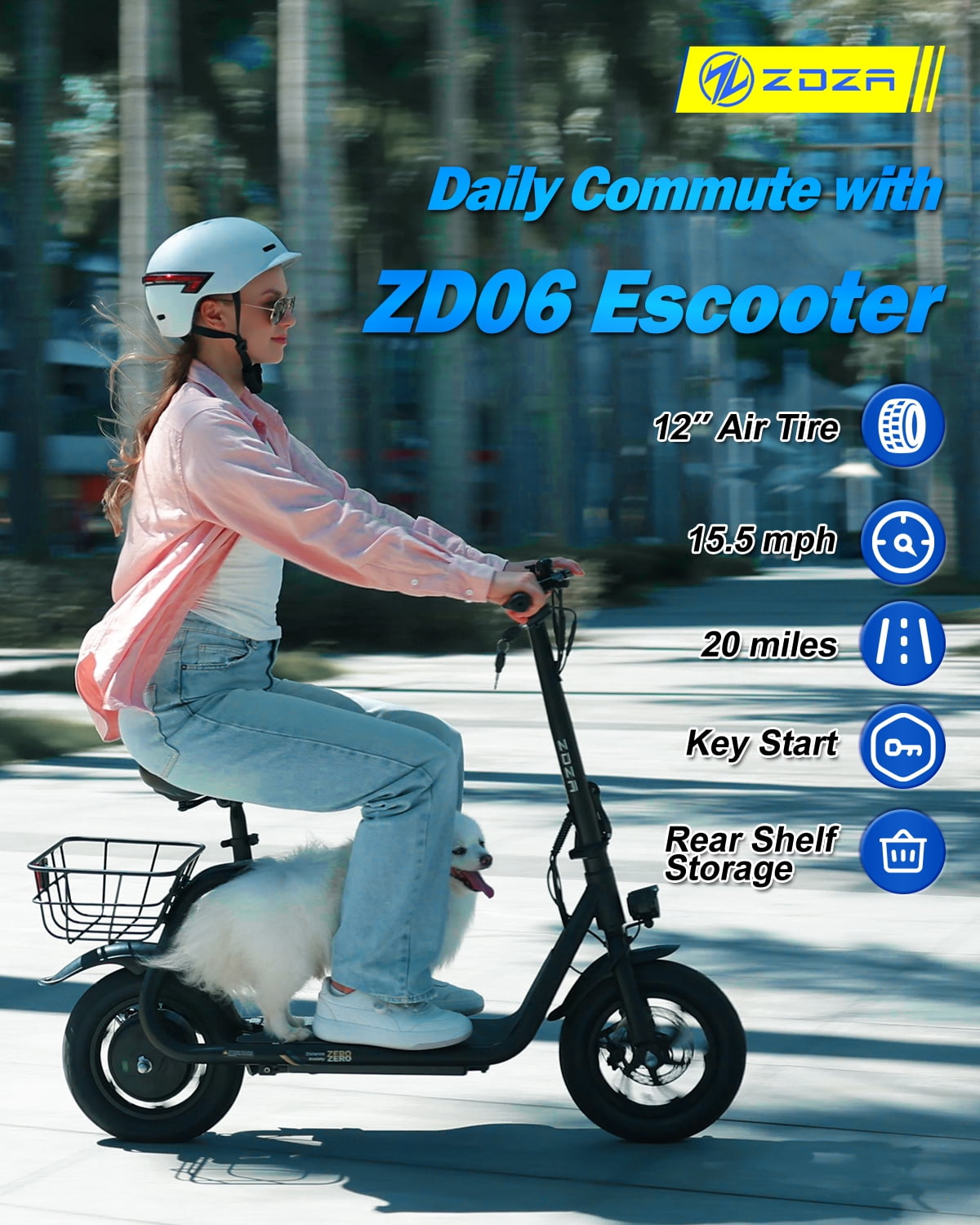ZDZA Electric Scooter with Seat 750W Peak Motor with Carry Basket, 20Miles 15.5mph Foldable 12" E Scooter for Commuting, UL 2272