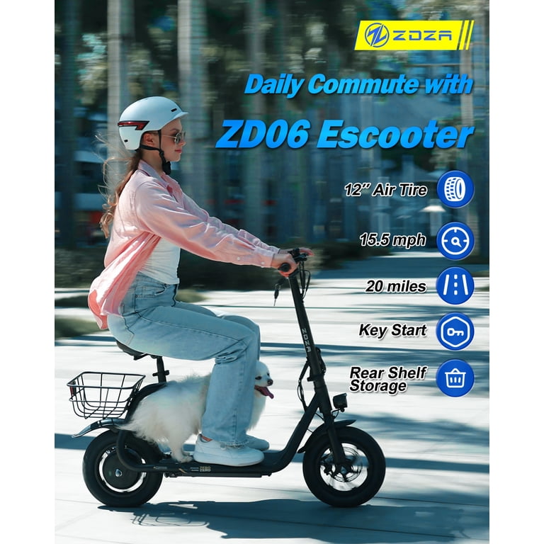 ZDZA Electric Scooter with Seat 750W Peak Motor with Carry Basket