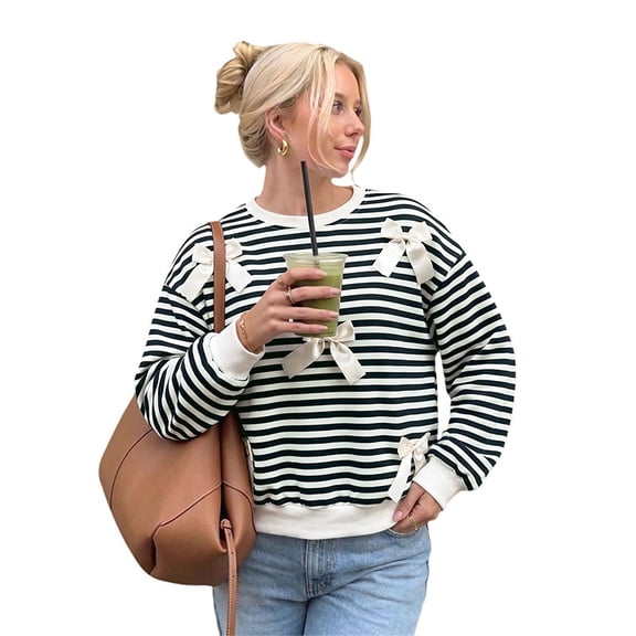 Women Striped Crew Neck Sweatshirt, Cute Bow Decor Long Sleeve Casual Pullover Top for Fall Daily Streetwear