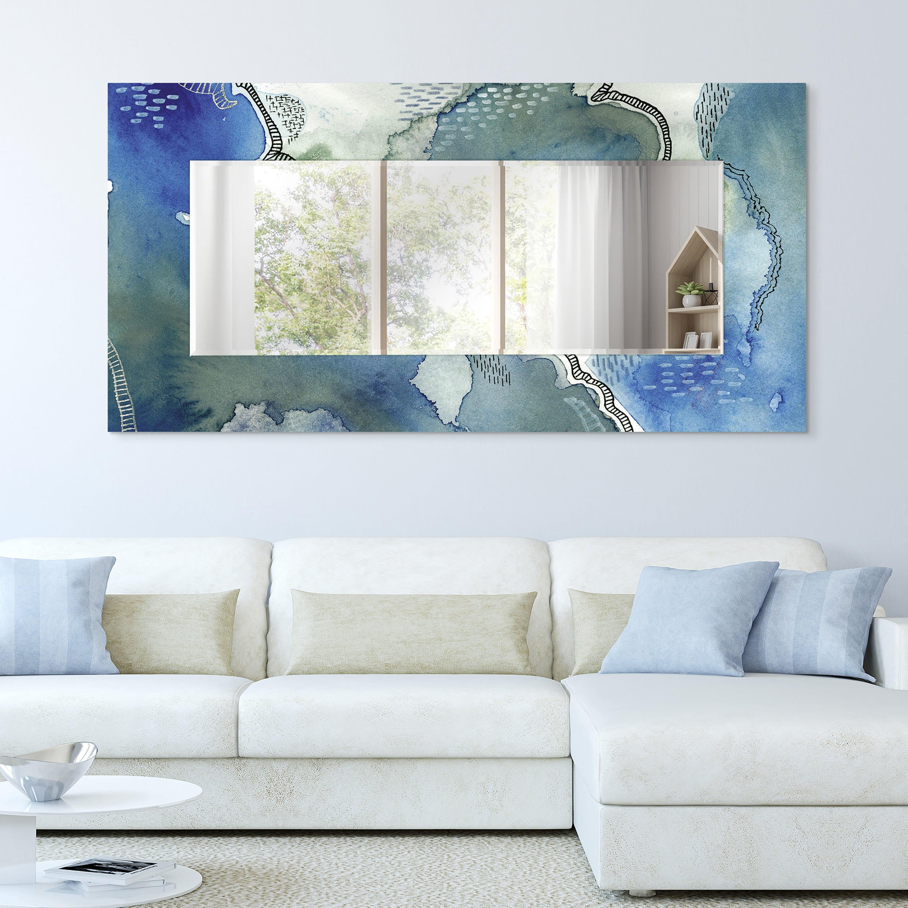 Empire Art Direct "Subtle Blue"Abstract Rectangular Beveled Wall Mirror on Free Floating Tempered Glass - Multi 72 x 36 Blue, Ivory
