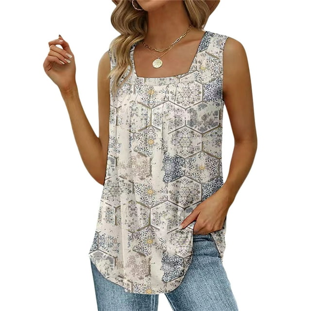 Kmbangi Camisole Sans Manches pour Femmes, Col Carré, Imprimé Floral, Débardeur d'Été Ample pour Usage Quotidien