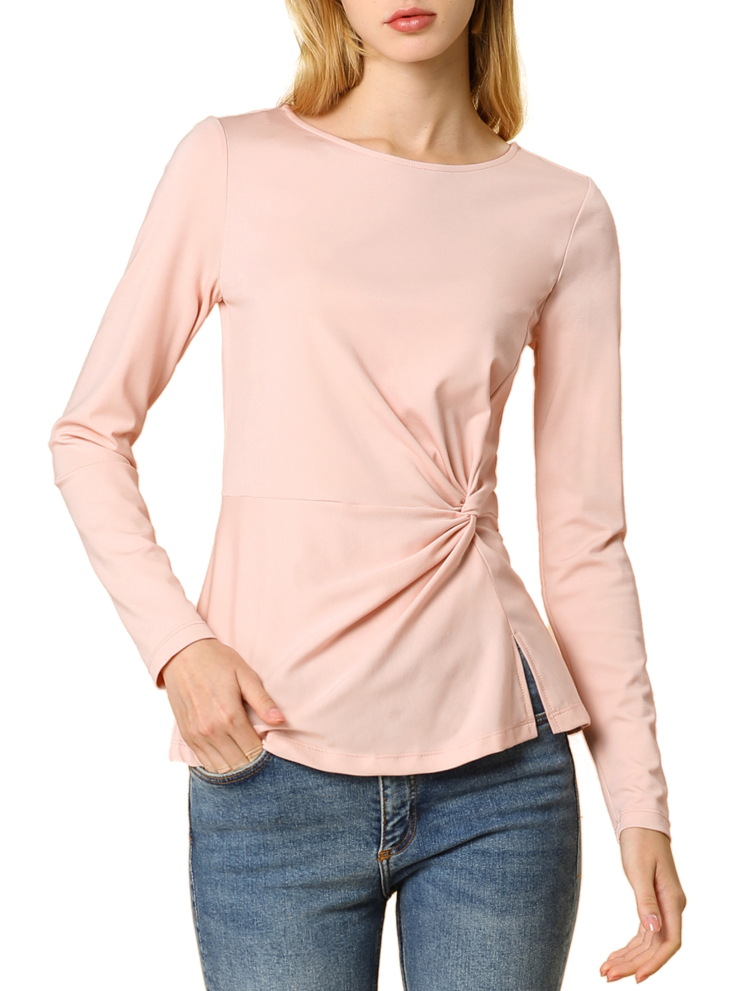 MODA NOVA Junior's Round Neck Tops Long Sleeve Blouse Shirt Pink M - image 2 of 6