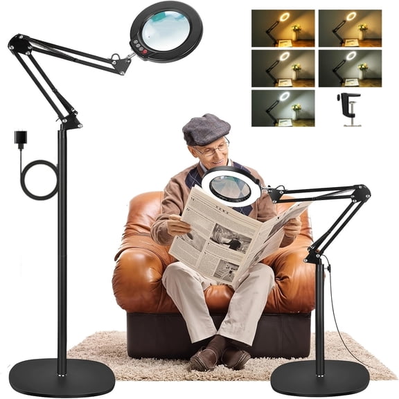 Large 3-in-1 Magnifying Glass with Light and Stand,5 Color Modes, Stepless Dimmable, adjustable Arm Swing Floor Lamp, LED Lighted Magnifier Hands Free for Close Work, Craft, Painting