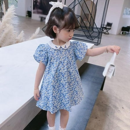 

Summer Kids Girls Floral Dresses Peter pan Collar Casual Short Sleeve Straight Dress Children Party Cute Clothing 2022