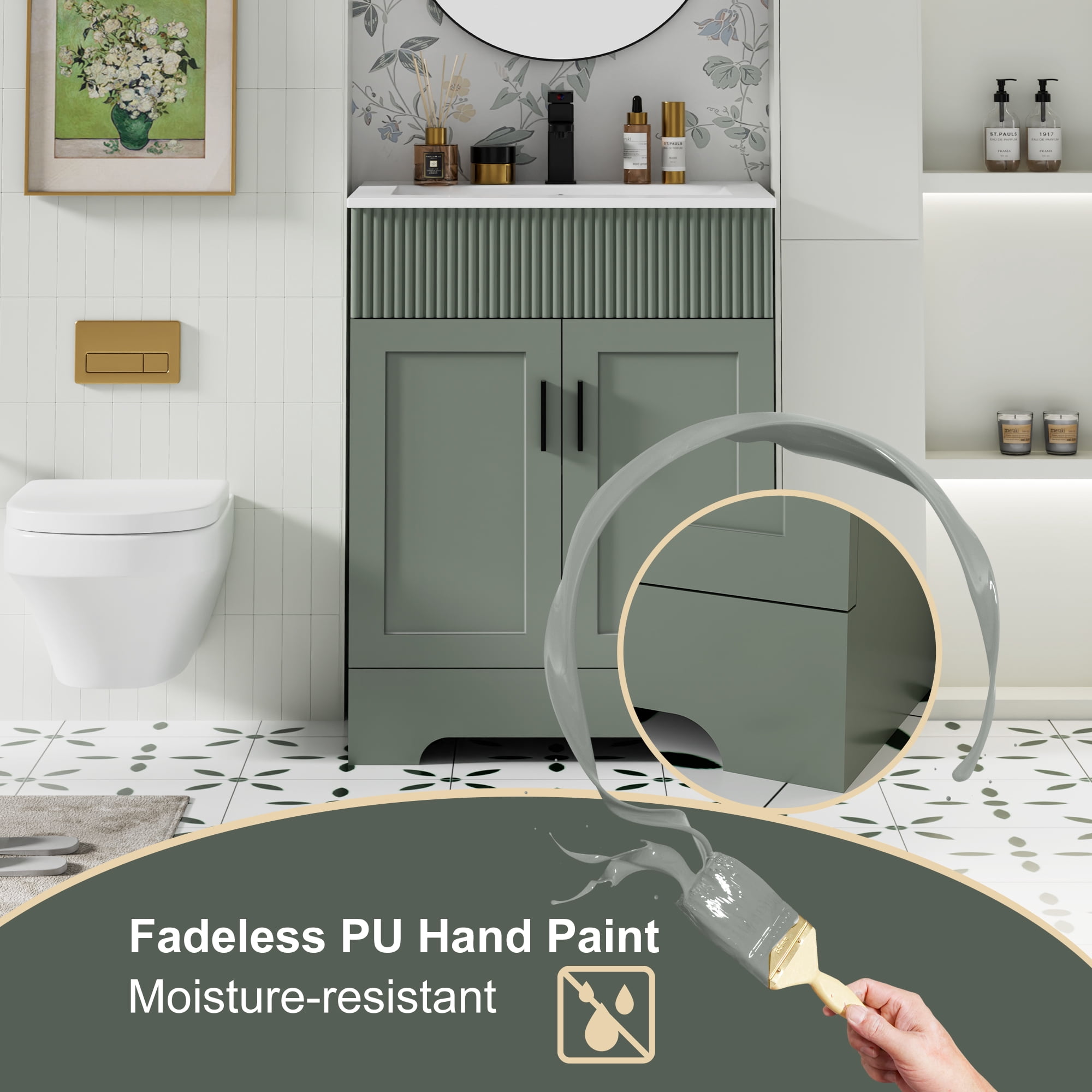 24" Mid Century Modern Single Bathroom Vanity with Ceramic Sink Top, Zinc Alloy Faucet, Painted Surface