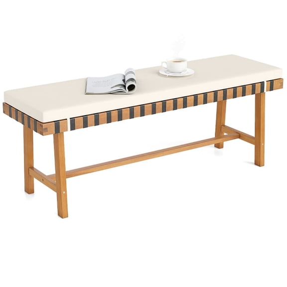 Biotree 48 Inch Acacia Wood Outdoor Bench with Thick Padded Seat Cushion and Rope Detail for Patio Garden and Backyard Dining, Natural and Off White