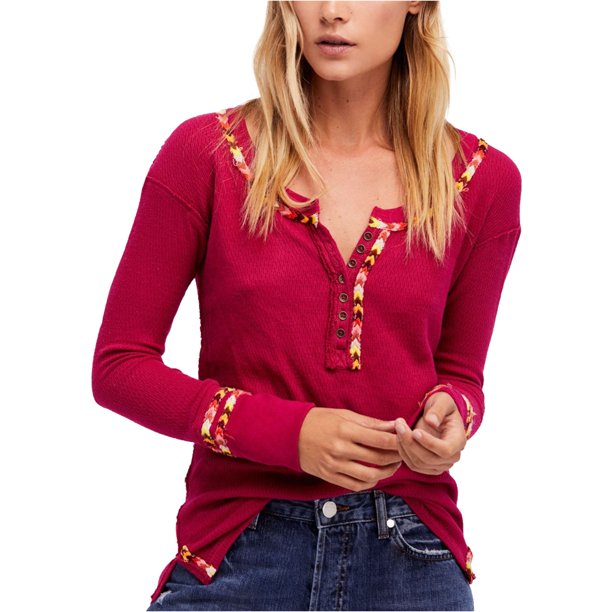 Free People Camiseta Henley térmica bordada para mujer, rosa, pequeña Free People henley