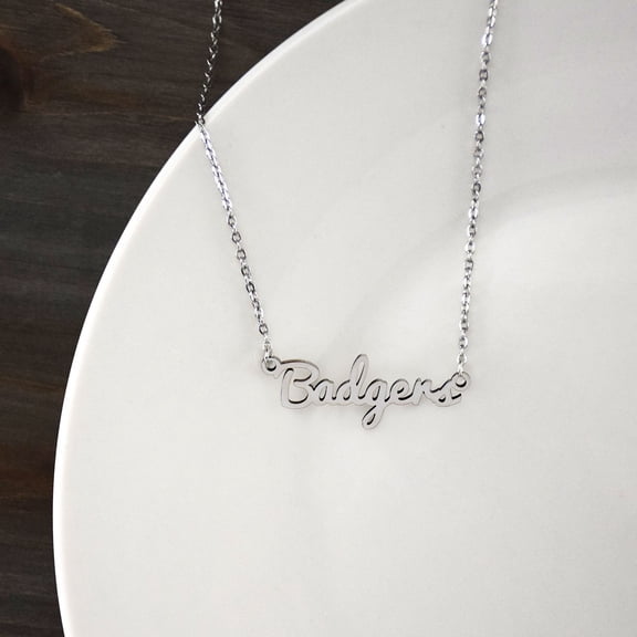 Wisconsin Badgers Silver Script Necklace by Fan Frenzy Gifts