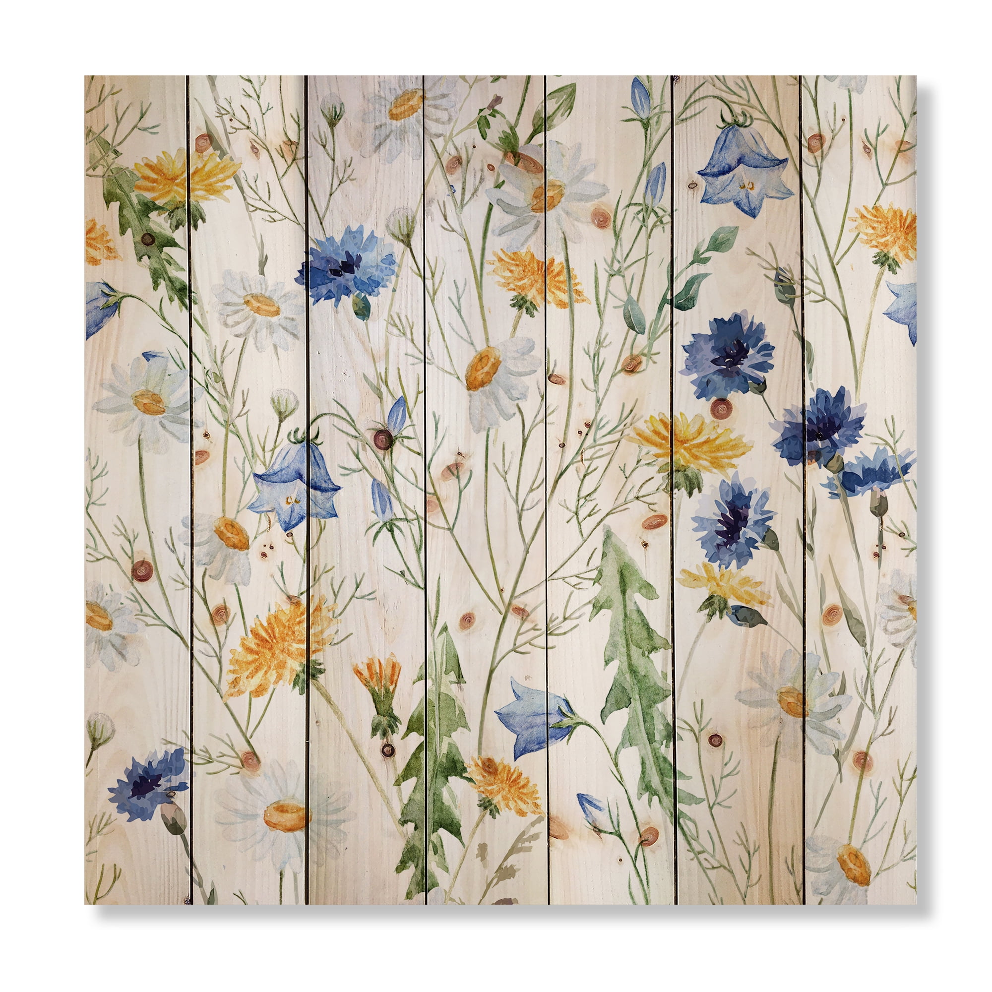Designart 'Wildflowers Clover Bell and Chamomile II' Traditional Print on Natural Pine Wood