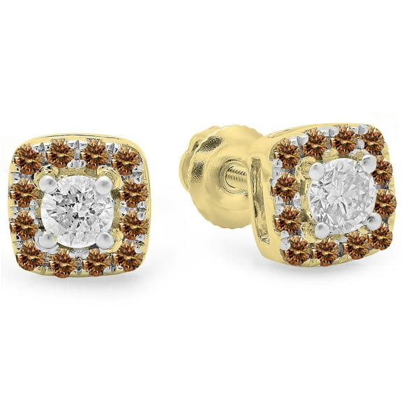 Dazzlingrock Collection 14K Champagne & White Diamond Ladies Square Halo Stud Earrings, Yellow Gold