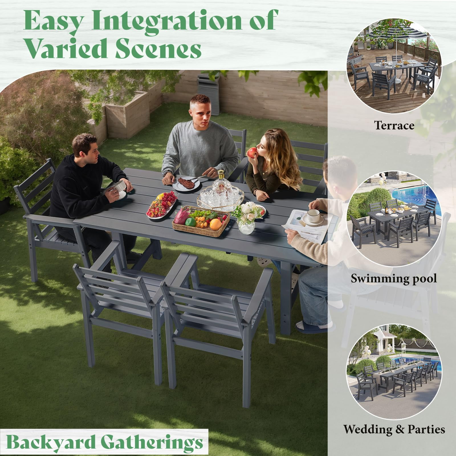 LUXOAK 7 Piece HDPE Outdoor Dining Set, 71" Table with 6 Chairs, Patio Furniture, Grey