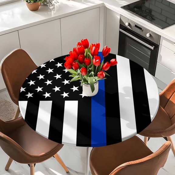 Thin Blue Line Elastic Fitted Round Tablecloth Patriotic Star USA Flag Waterproof Outdoor Table Cover for Holiday Party, Picnic, Patio & Dining Fits Tables Up to 36"-44"