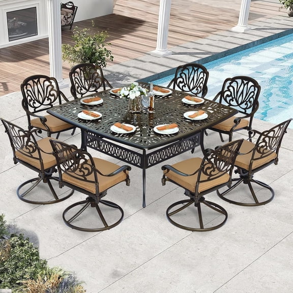 W WARMHOL 9 Piece Outdoor Patio Dining Set for 8, Cast Aluminum Large Square Dining Table & 4 Swivel Chairs, 4 Regular Chairs, 8 Cushions, Umbrella Hole, Patio Furniture Set for Garden, Khaki